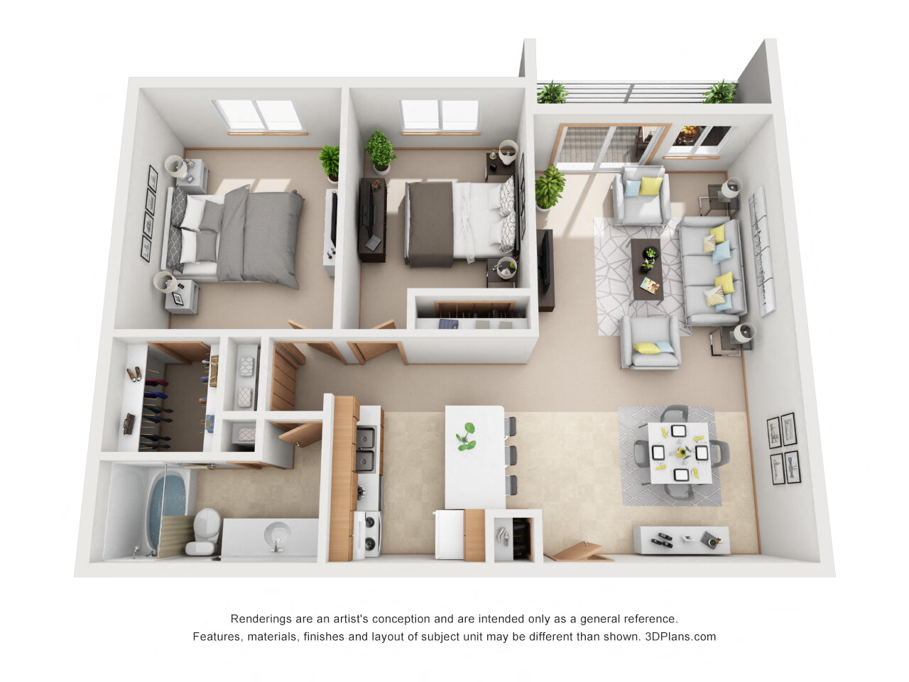 Floor plan for 2 beds, 1 bath, 950 sqft